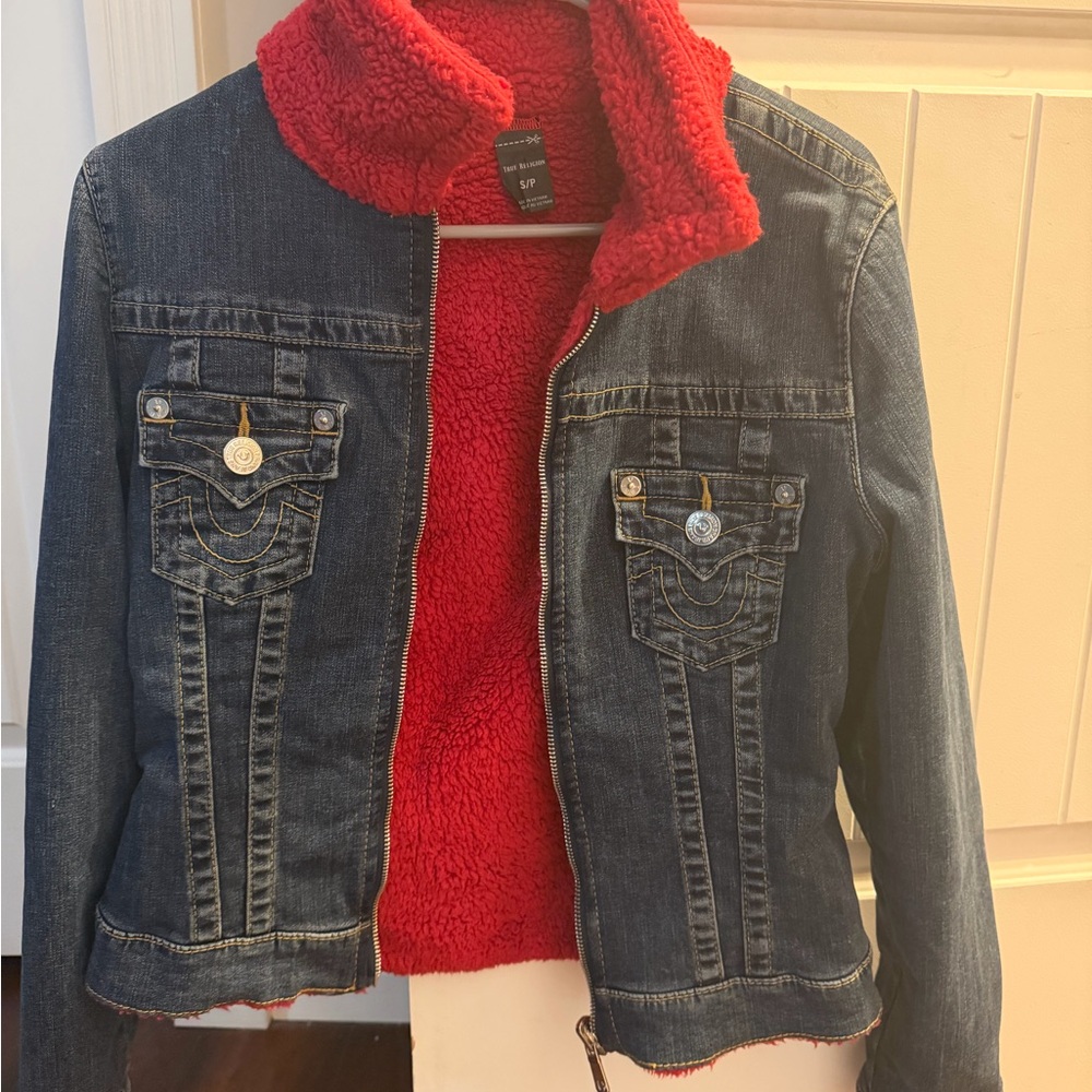 True Religion Red and Blue Denim Jacket